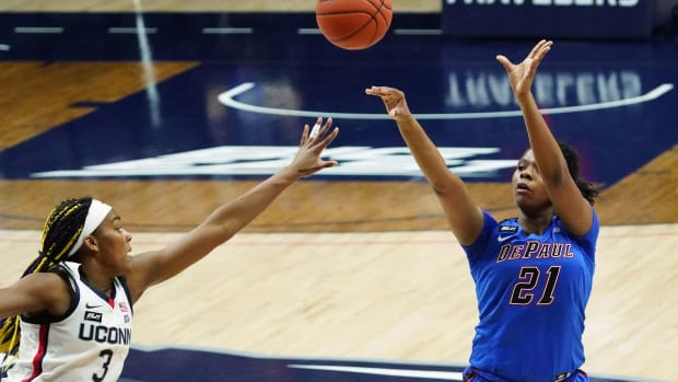 DePaul's Darrione Rogers shoots a three